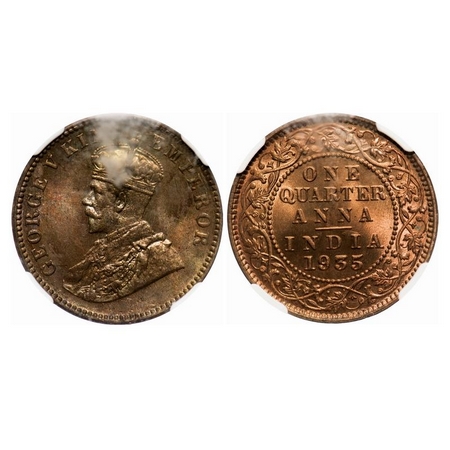George V, Bronze, Quarter Anna, 1935, Calcutta Mint, No dot. F. Prid 675. GK 1195. NGC Sla