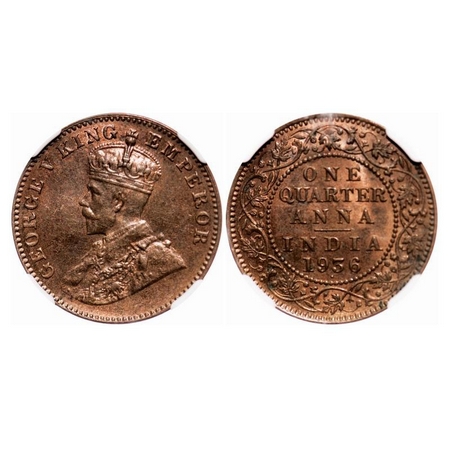 George V, Bronze, Quarter Anna, 1936, Bombay Mint, Dot. F. Prid 683. GK 1196. NGC Slabbed 