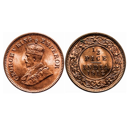 George V, Bronze, 1/2 Pice, 1912, Calcutta Mint, No mint mark. F. Prid 745. GK 1198. Uncir