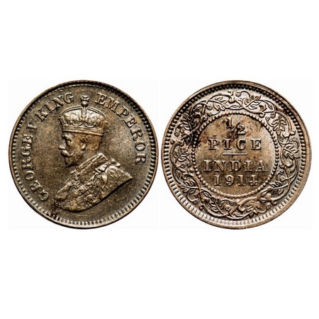George V, Bronze, 1/2 Pice, 1914, Calcutta Mint, No mint mark, Letter 'P' of Pice and 'D' 