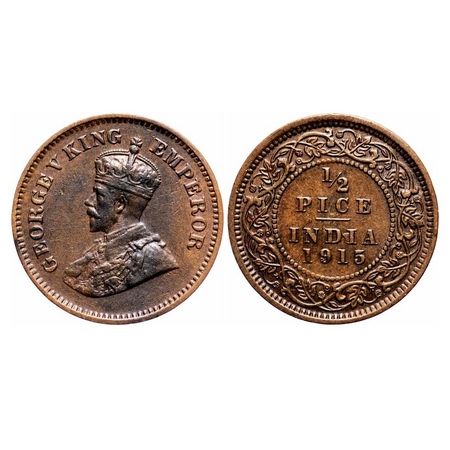 George V, Bronze, 1/2 Pice, 1915, Calcutta Mint, No mint mark, Ghost on Rev. F. Prid 748. 