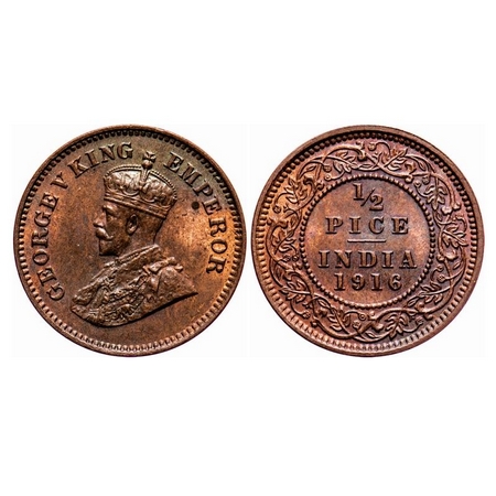 George V, Bronze, 1/2 Pice, 1916, Calcutta Mint, No mint mark. F. Prid 749. GK 1202. Uncir