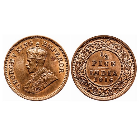 George V, Bronze, 1/2 Pice, 1916, Calcutta Mint, No mint mark. F. Prid 749. GK 1202. Uncir