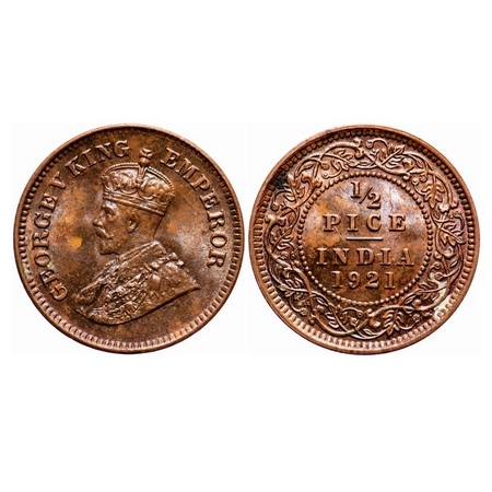 George V, Bronze, 1/2 Pice, 1921, Calcutta Mint, No mint mark, Ghost on Obv and Rev. F. Pr