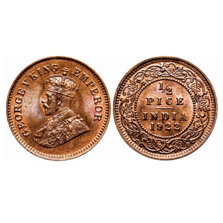 George V, Bronze, 1/2 Pice, 1922, Calcutta Mint, No mint mark. F. Prid 755. GK 1208. Uncir