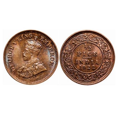 George V, Bronze, 1/2 Pice, 1922, Calcutta Mint, No mint mark, Ghost on Obv and Rev. F. Pr