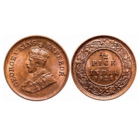 George V, Bronze, 1/2 Pice, 1924, Calcutta Mint, No mint mark. F. Prid 757. GK 1210. Uncir