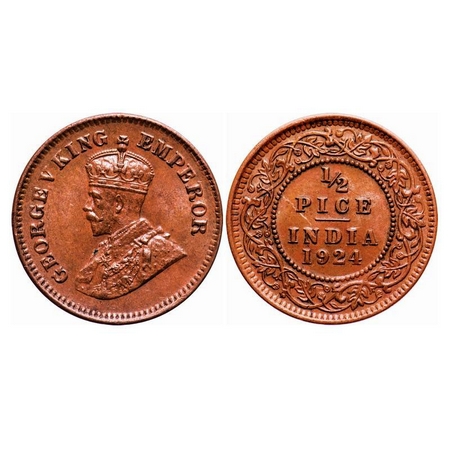 George V, Bronze, 1/2 Pice, 1924, Calcutta Mint, No mint mark, Ghost on Obv and Rev. F. Pr