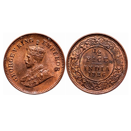 George V, Bronze, 1/2 Pice, 1926, Calcutta Mint, No mint mark, Ghost on Rev, Die crack on 