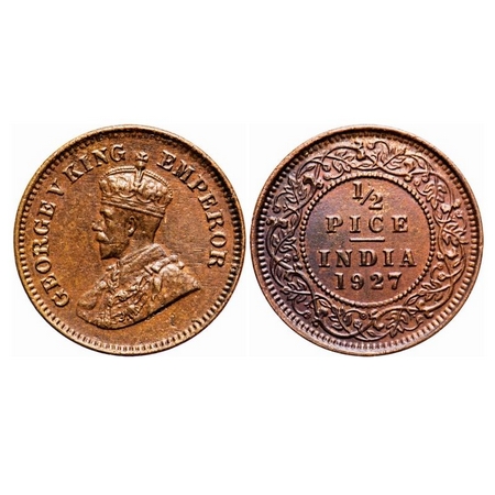 George V, Bronze, 1/2 Pice, 1927, Calcutta Mint, No mint mark. F. Prid 760. GK 1213. Uncir