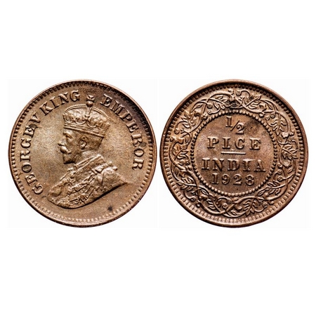 George V, Bronze, 1/2 Pice, 1928, Calcutta Mint, No mint mark, Ghost on Obv and Rev, Lette