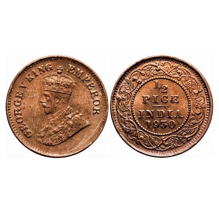 George V, Bronze, 1/2 Pice, 1930, Calcutta Mint, No mint mark, Ghost on Obv and Rev. F. Pr