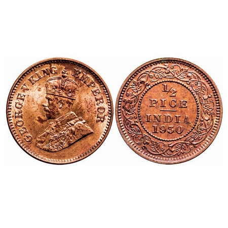 George V, Bronze, 1/2 Pice, 1930, Calcutta Mint, No mint mark. F. Prid 763. GK 1216. Brill