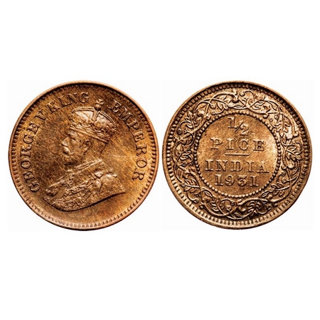 George V, Bronze, 1/2 Pice, 1931, Calcutta Mint, No mint mark. F. Prid 764. GK 1217. Brill
