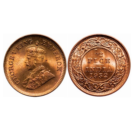 George V, Bronze, 1/2 Pice, 1932, Calcutta Mint, No mint mark, Die cracks on Obv. F. Prid 