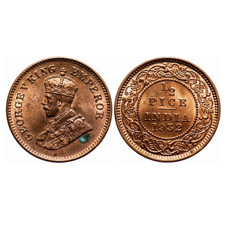 George V, Bronze, 1/2 Pice, 1932, Calcutta Mint, No mint mark. F. Prid 765. GK 1218. Uncir