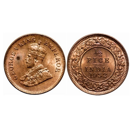 George V, Bronze, 1/2 Pice, 1932, Calcutta Mint, No mint mark. F. Prid 765. GK 1218. Uncir