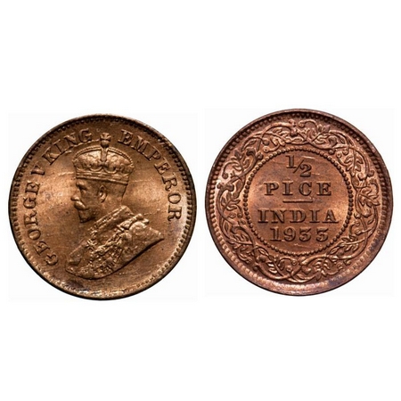 George V, Bronze, 1/2 Pice, 1933, Calcutta mint, No mint mark, Die crack on Rev, Planchet 