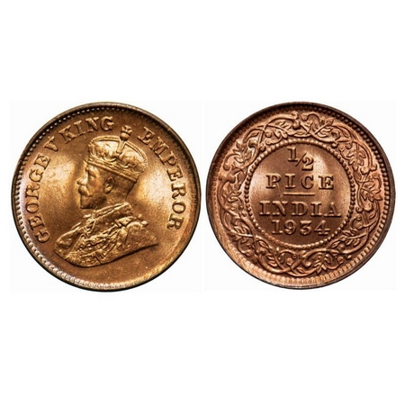 George V, Bronze, 1/2 Pice, 1934, Calcutta Mint, No mint mark. F. Prid 767. GK 1220, Brill