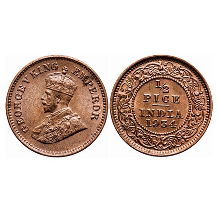 George V, Bronze, 1/2 Pice, 1934, Calcutta Mint, No mint mark. F. Prid 767. GK 1220. Uncir