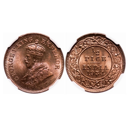 George V, Bronze, 1/2 Pice, 1934, Calcutta Mint, No mint mark, Ghost on Obv and Rev, Lette