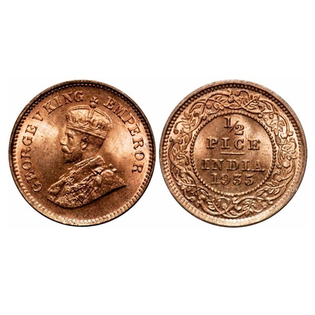 George V, Bronze, 1/2 Pice, 1935, Calcutta Mint, No mint mark, Ghost on Rev. F. Prid 768. 