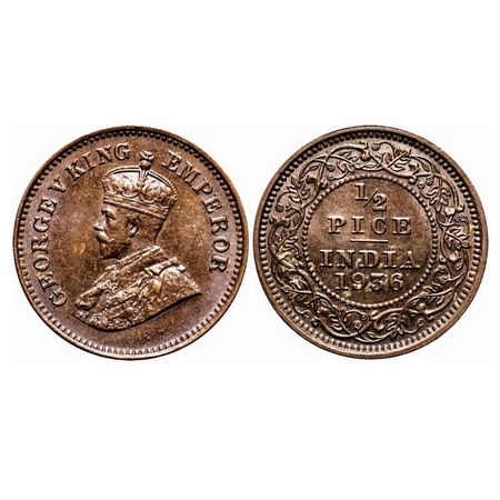 George V, Bronze, 1/2 Pice, 1936, Calcutta Mint, No mint mark. F. Prid 769. GK 1222. Uncir