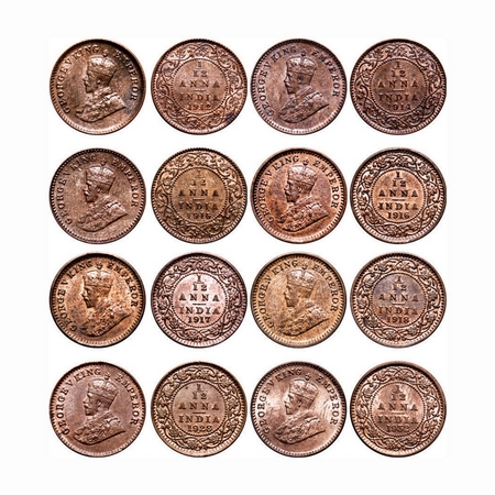 George V, Bronze, 1/12 Anna (Lot of 8 coins), Calcutta Mint, 1912, 1914, 1915, 1916, 1917,