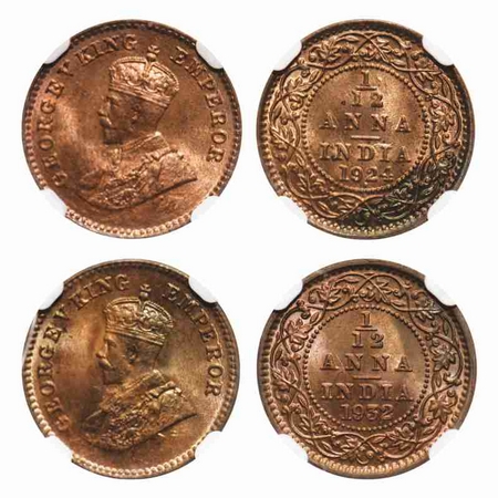 George V, Bronze, 1/12 Anna (2 slabs), 1924, Bombay Mint, Dot, Ghost on Rev, 1932, Calcutt