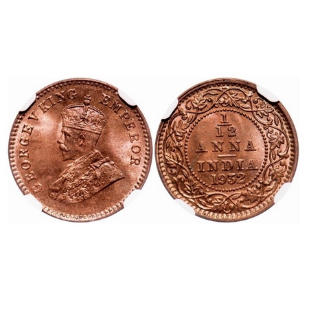 George V, Bronze, 1/12 Anna, 1932, Calcutta Mint, No dot. F. Prid 846. GK 1248. NGC Slabbe