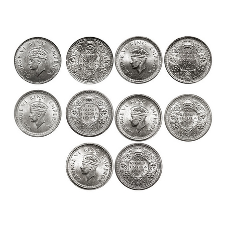 George VI, Half Silver, Rupee, (Lot of 5 coins), 1) 1940, Bombay Mint, A(a)/I, Dot, 2) 194