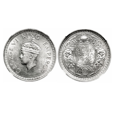 George VI, Half Silver, Rupee, 1943, Bombay Mint, C/III, Diamond, Security edge, Large 3. 