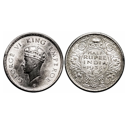 George VI, Silver, Half Rupee, 1938, Bombay Mint, Head Type I, A/I, Dot, Milled edge. F. P
