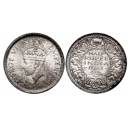 George VI, Half Silver, Half Rupee, 1941, Bombay Mint, A(a)/I(i), Dot, Security edge. F. P
