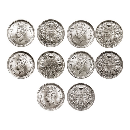 George VI, Half Silver, Half Rupee, (Lot of 5 coins), 1942, Bombay Mint, B/II, Head Type I