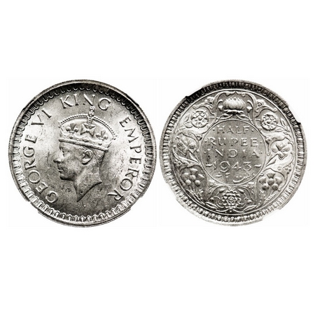George VI, Half Silver, Half Rupee, 1943, Bombay Mint, B/II, Head Type II, Dot, Security e