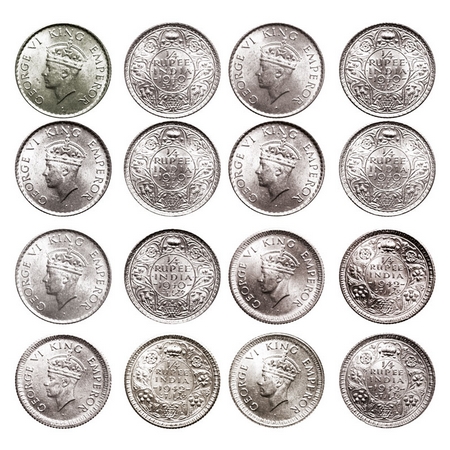 George VI, Half Silver, 1/4 Rupee, (Lot of 8 coins), 1, 2, 3, 4 & 5) 1940, Bombay Mint, He