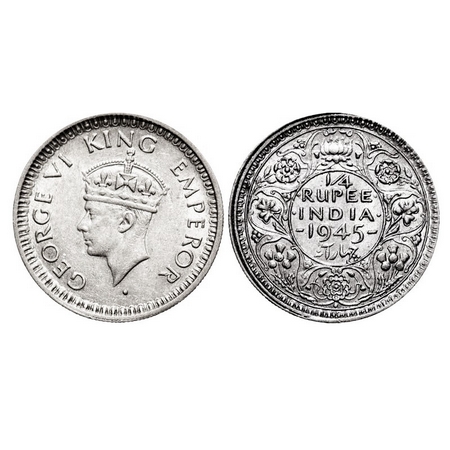 George VI, Half Silver, Quarter Rupee, 1945, Bombay Mint, Head type II, Large 5, Reverse I