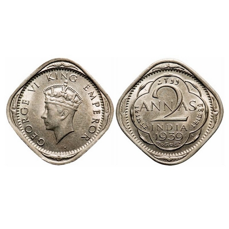 George VI, Copper-Nickel, 2 Anna, 1939, Bombay Mint, Head Type I, Dots by year. F. Prid Un