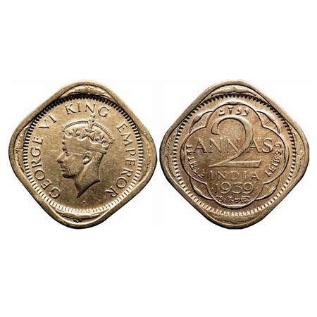 George VI, Copper-Nickel, 2 Annas, 1939, Bombay Mint, Head Type II, Dots by year. F. Prid 
