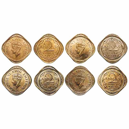 George VI, Mix Metal, 2 annas (4 coins), 1) 1941, Copper-Nickel, Bombay Mint, Head Type II