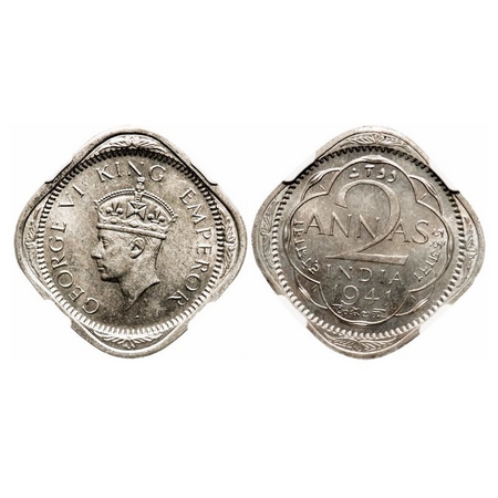 George VI, Copper-Nickel, 2 Annas, 1941, Calcutta Mint, Head Type II, No dots by year. F. 