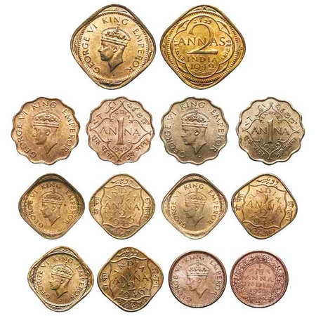 George VI, Mix Metal, (Lot of 7 coins), 1) 1942, 2 Annas, Nickel-Brass, Bombay Mint, Head 