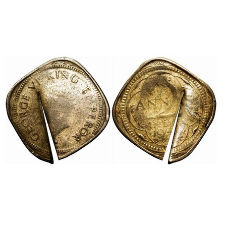 George VI, Brass-Nickel, 2 Annas, Error, Cancelled coin. Very Scarce.