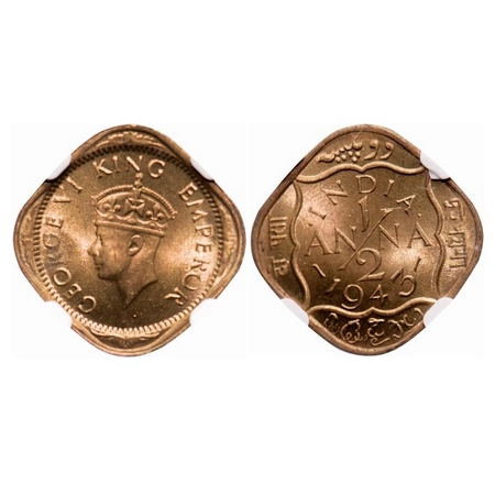 George VI, Nickel-Brass, 1/2 Anna, 1943, Calcutta Mint, Dots by India, Dashes by year, A t
