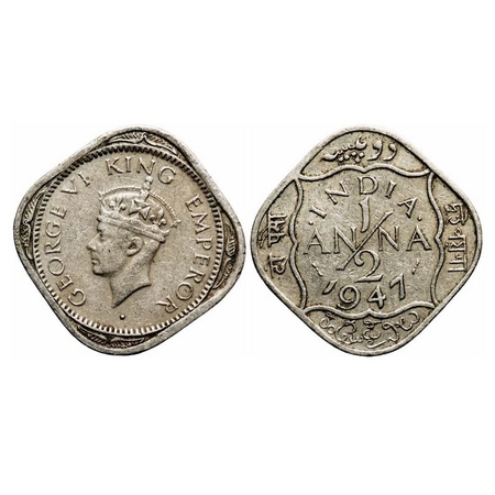 George VI, Copper-Nickel, 1/2 Anna, 1947, Bombay Mint, Dots by India, dash-dot-dash. F. Pr
