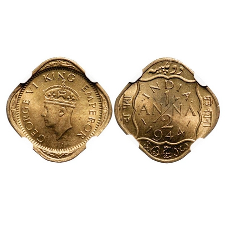 George VI, Nickel-Brass, 1/2 Anna, 1944, Calcutta Mint, Dots by India, Dashes by year. F. 