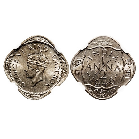 George VI, Copper-Nickel, 1/2 Anna, 1946, Bombay Mint, Dots by India, dash-dot-dash. F. Pr