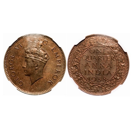 George VI, Bronze, Quarter Anna, 1938, Bombay Mint, Dot, Head Type I, Dots by One, Small y