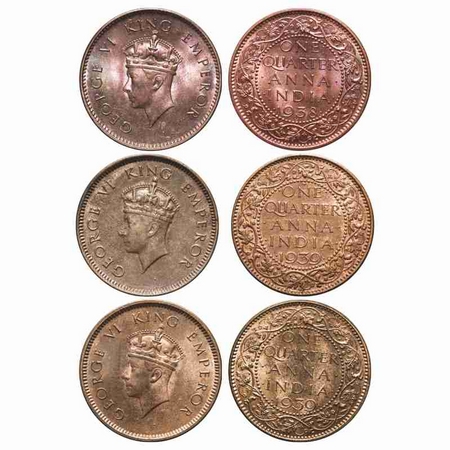George VI, Bronze, Quarter Anna (3 coins), 1) 1938, Calcutta Mint, Head Type I, No dot, 2)